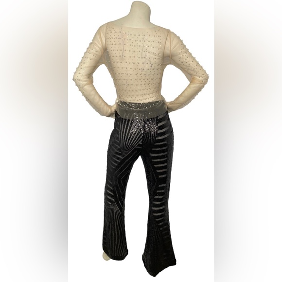 FASHION CLASSIC COLLECTION Nude Sheer Mesh See Through Pearl Diamond Crop Top, L - Picture 8 of 16